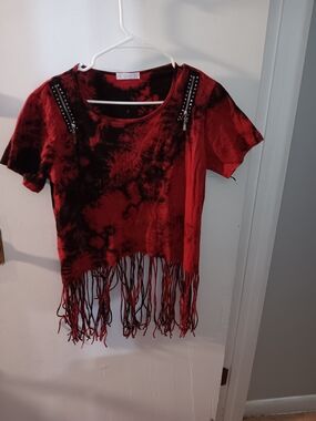 Fringed Red Tie-Dye Short Sleeve Top with Stud Details